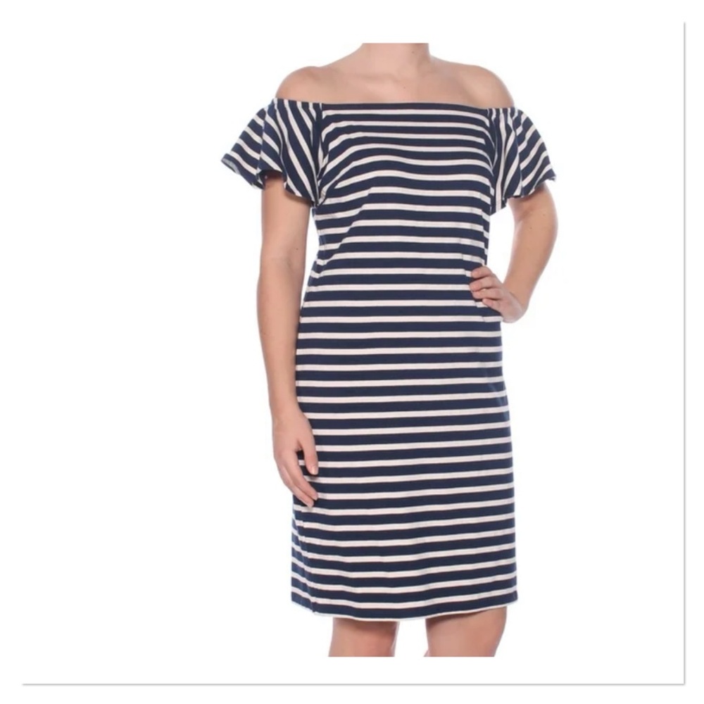 LAUREN RALPH LAUREN Off-the-Shoulder Navy/White Striped Cotton Dress